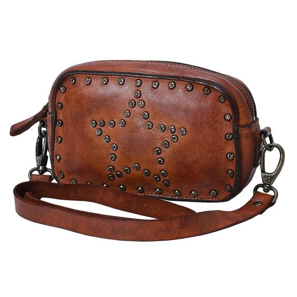 Spaghetti Western Becca Brown Genuine Star Studded Leather Crossbody Bag